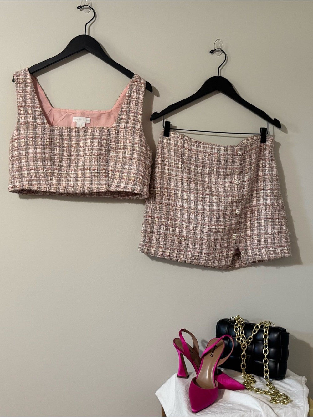 Textured Pink Tweed Crop Top and Skirt - 2pc set